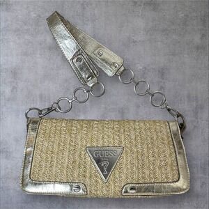 Vtg Y2K Style Guess Baguette Straw Purse Metallic Silver Snake Skin Trim 90s‎